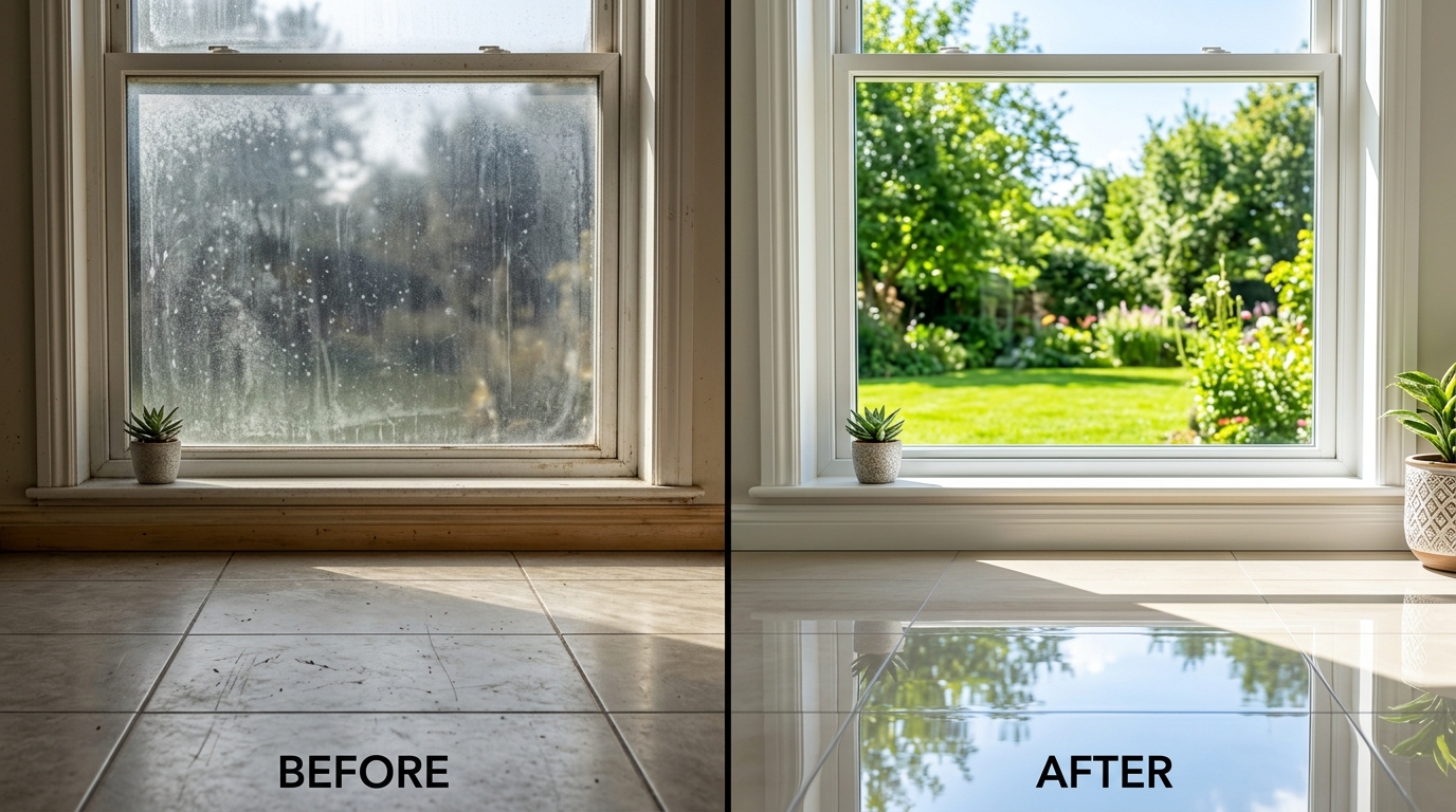Before and after comparison of window cleaning and hard floor polishing in Wichita Falls